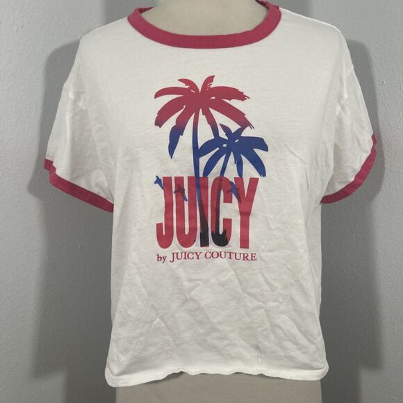 Juicy Couture Crop Tee Womens Large White‎ Palm Graphic Y2K - Picture 1 of 7